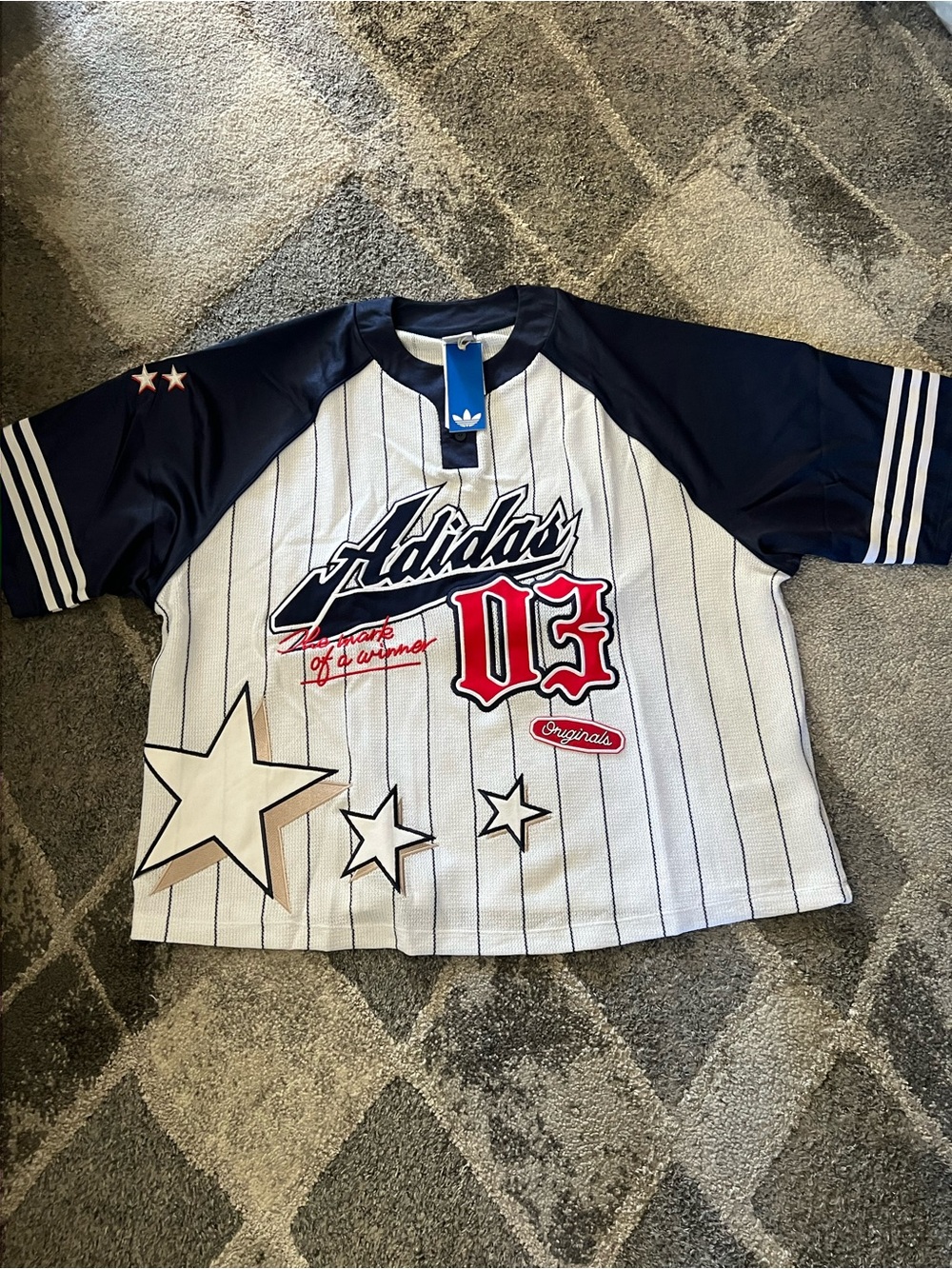 adidas White & Navy Pinstripe Baseball Jersey with Red Accents